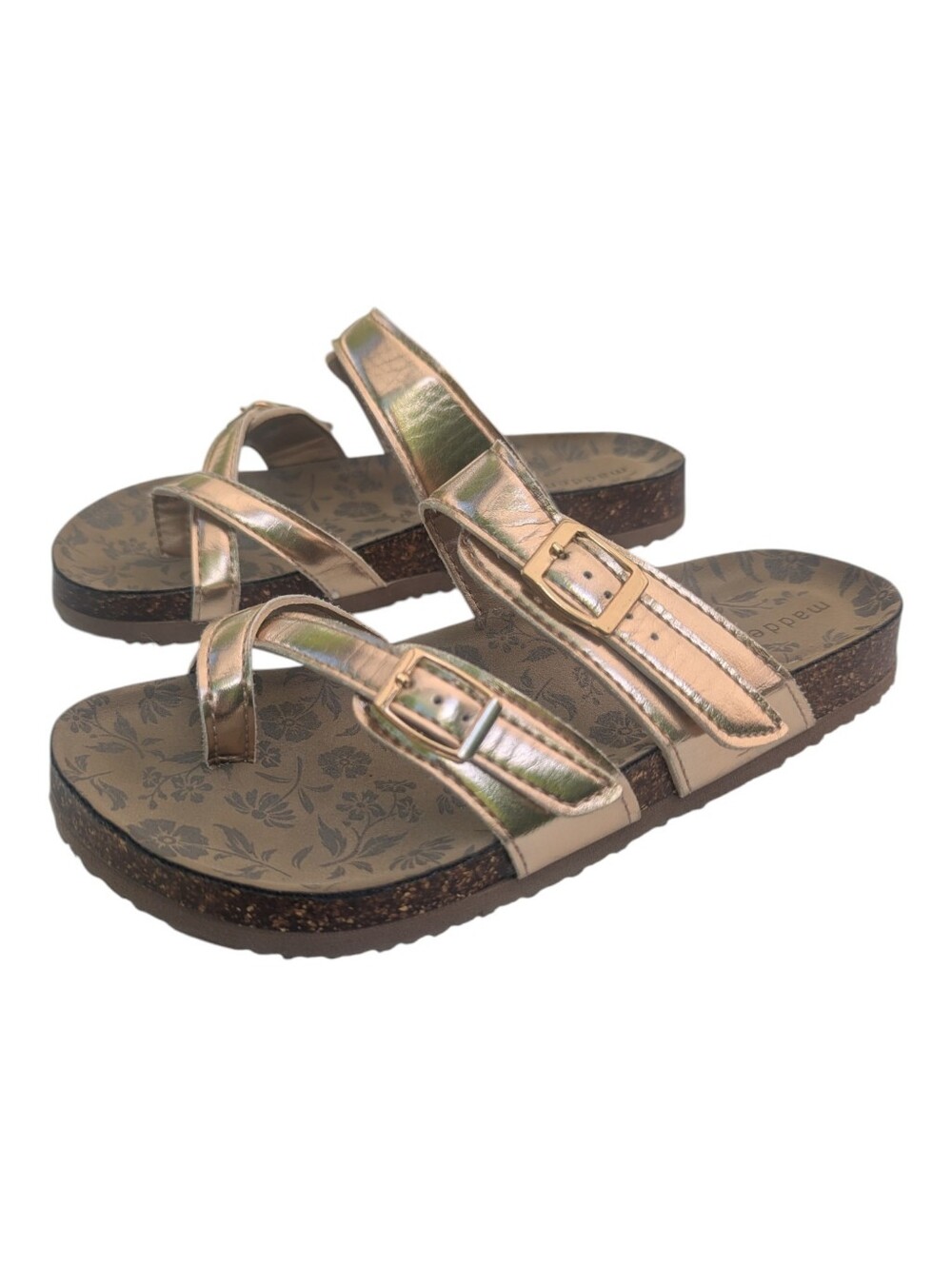 Madden Girl Sandals Sz 5 Metallic Rose Gold Adjustable Straps Floral Footbed